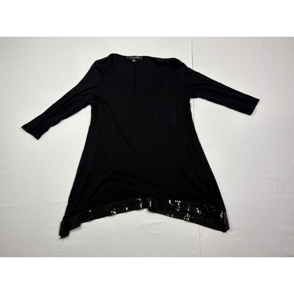 Forever 21 Womens Black Sequin Trim Asymmetrical Tunic Top 3/4 Sleeve Large